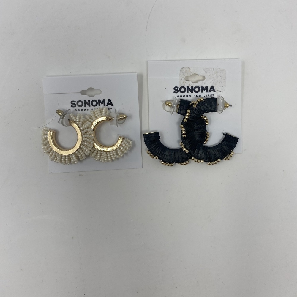 Sonoma Cream Beaded C-Hoop Earrings & Black Raffia Gold Bead Earrings Lot‎ of 2